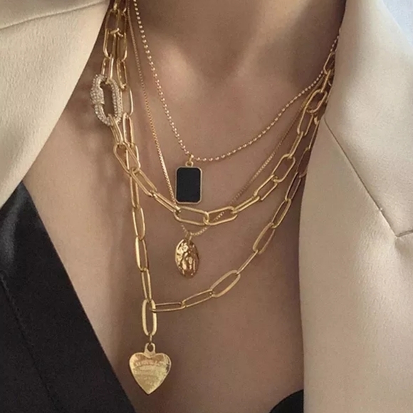 4Pcs/set Paper Clip Chain Love Heart Black Square Portrait Necklaces - Picture 3 of 7